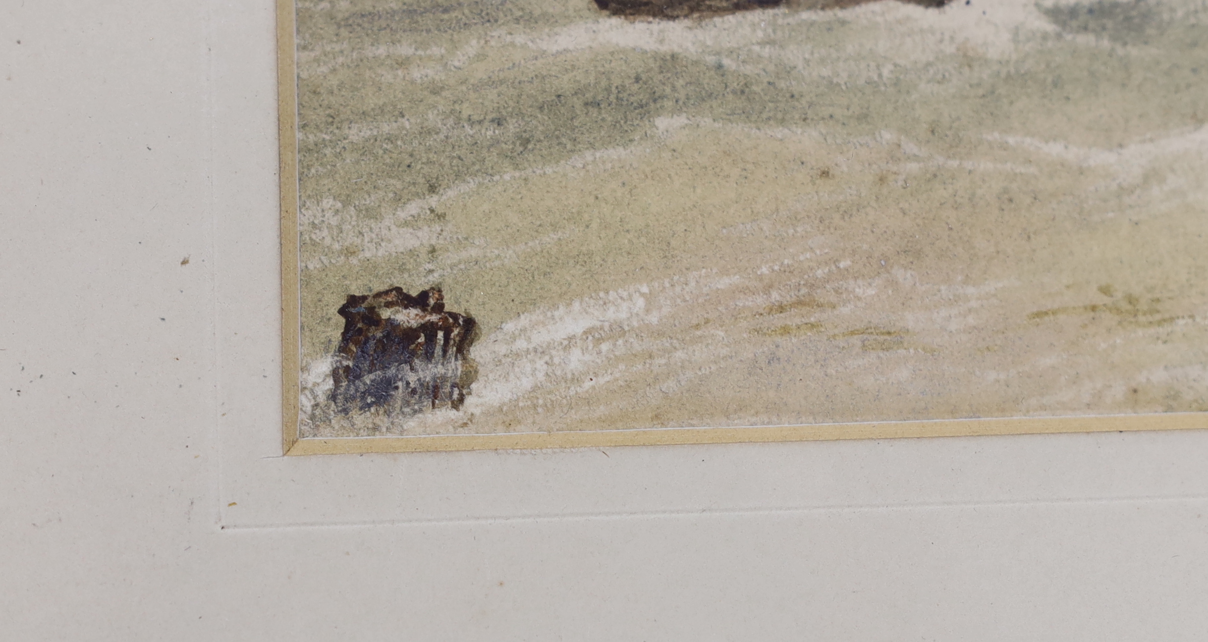 Attributed to Anthony Copley Fielding (1787-1855) watercolour, Shipping in rough seas, details verso, 19.5cm x 13cm